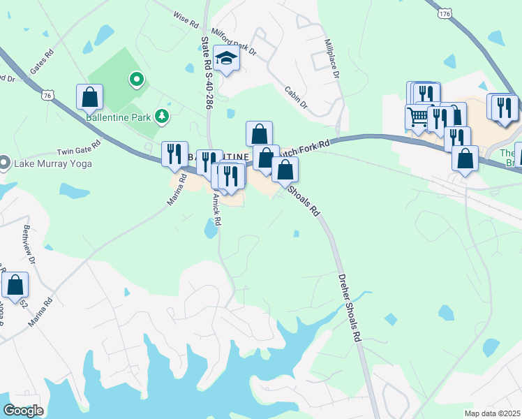map of restaurants, bars, coffee shops, grocery stores, and more near 105 Ballentine Park Road in Irmo