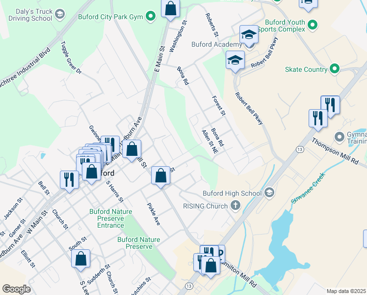 map of restaurants, bars, coffee shops, grocery stores, and more near 4933 Greenard Watson Lane in Buford