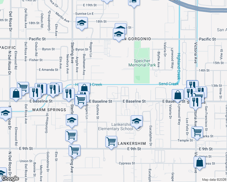 map of restaurants, bars, coffee shops, grocery stores, and more near 25942 East Baseline Street in San Bernardino