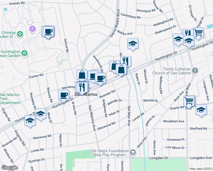 map of restaurants, bars, coffee shops, grocery stores, and more near 2324 Huntington Drive in San Marino