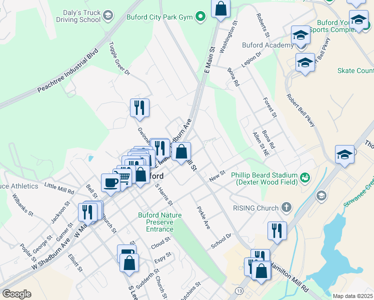 map of restaurants, bars, coffee shops, grocery stores, and more near 10 South Hill Street in Buford