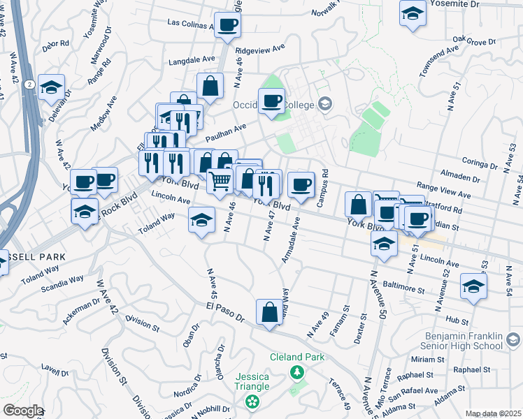map of restaurants, bars, coffee shops, grocery stores, and more near 4666 York Boulevard in Los Angeles