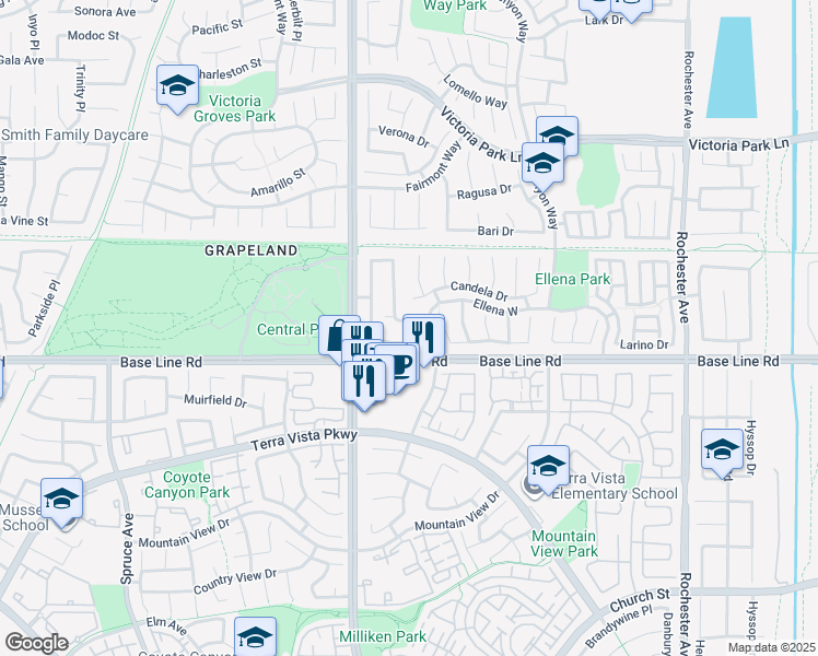map of restaurants, bars, coffee shops, grocery stores, and more near 11399 Williams Ridge Drive in Rancho Cucamonga