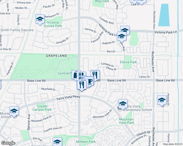 map of restaurants, bars, coffee shops, grocery stores, and more near 11399 Williams Ridge Drive in Rancho Cucamonga