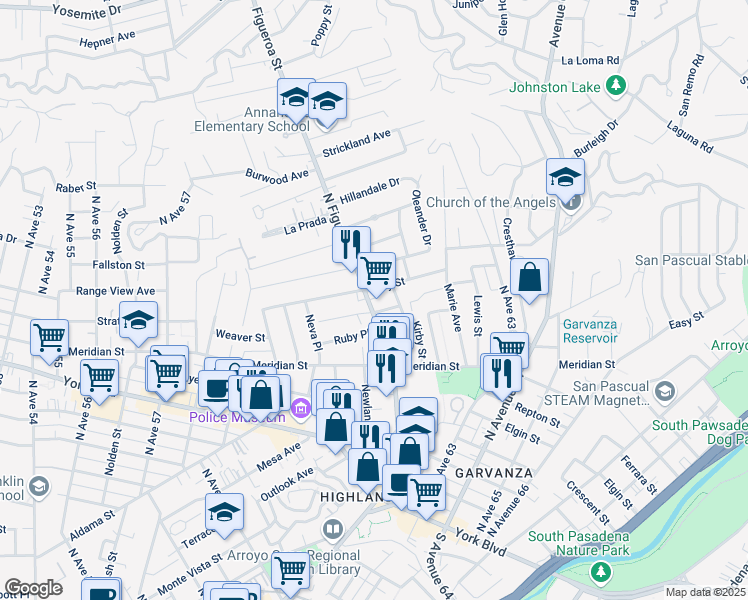 map of restaurants, bars, coffee shops, grocery stores, and more near 6565 North Figueroa Street in Los Angeles