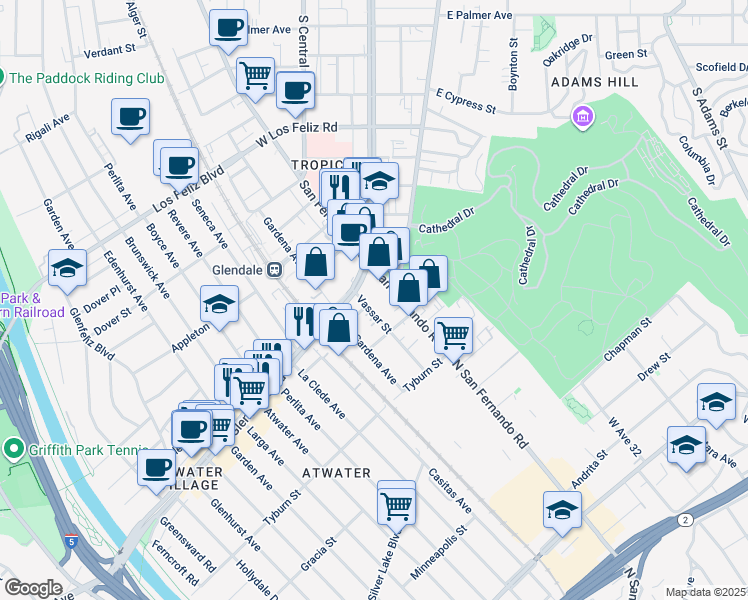 map of restaurants, bars, coffee shops, grocery stores, and more near 1823 Vassar Street in Glendale