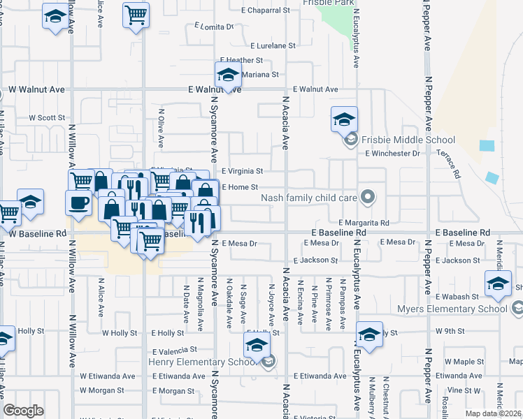 map of restaurants, bars, coffee shops, grocery stores, and more near 429 East Mariposa Drive in Rialto
