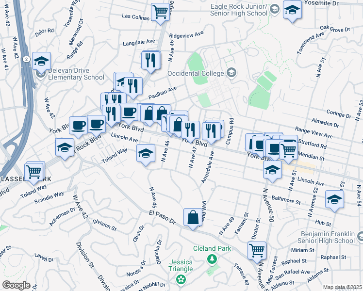 map of restaurants, bars, coffee shops, grocery stores, and more near 4650 York Boulevard in Los Angeles