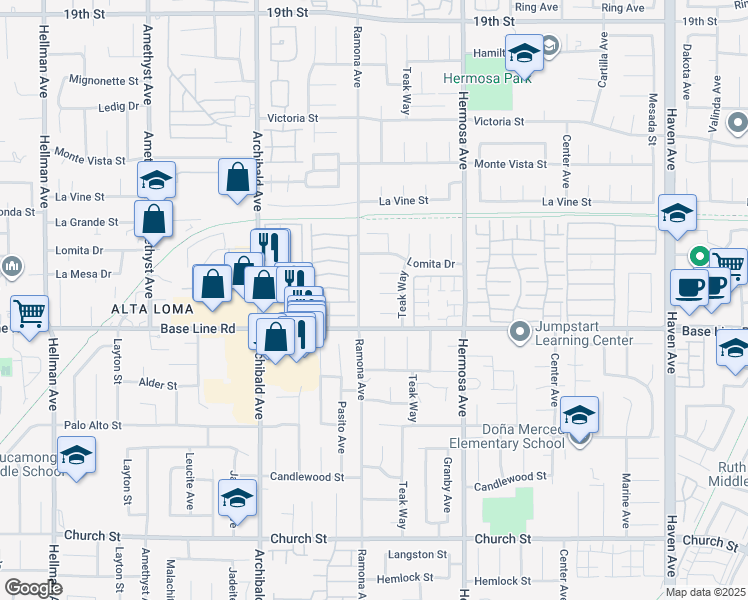 map of restaurants, bars, coffee shops, grocery stores, and more near 9955 Cordon Court in Rancho Cucamonga