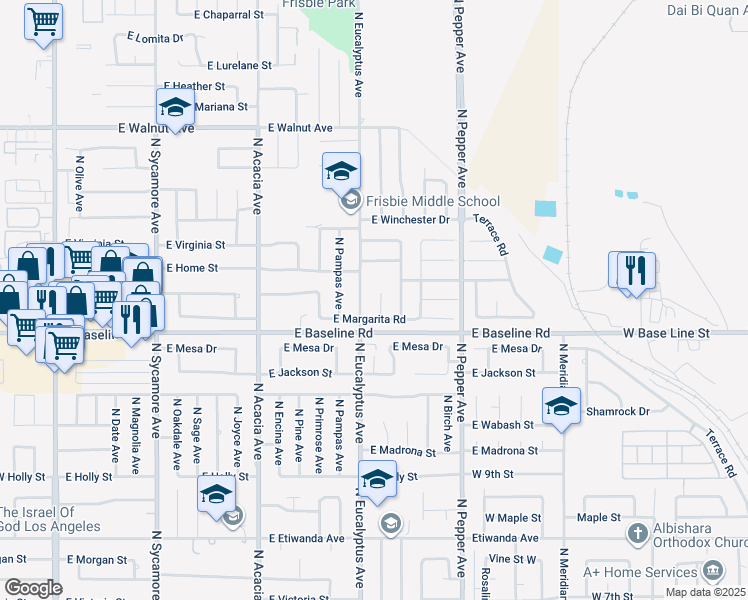 map of restaurants, bars, coffee shops, grocery stores, and more near 1264 North Mulberry Avenue in Rialto