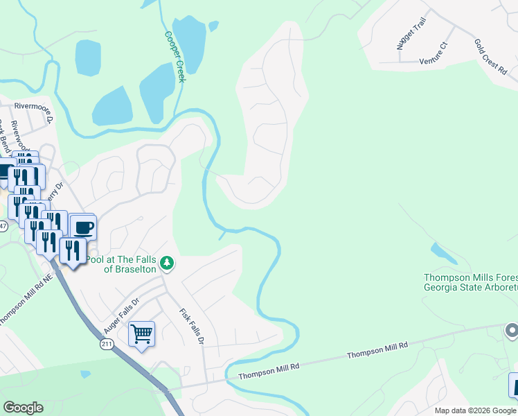 map of restaurants, bars, coffee shops, grocery stores, and more near 7200 Silk Tree Point in Braselton