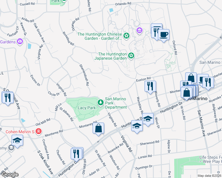 map of restaurants, bars, coffee shops, grocery stores, and more near 1605 Euston Road in San Marino