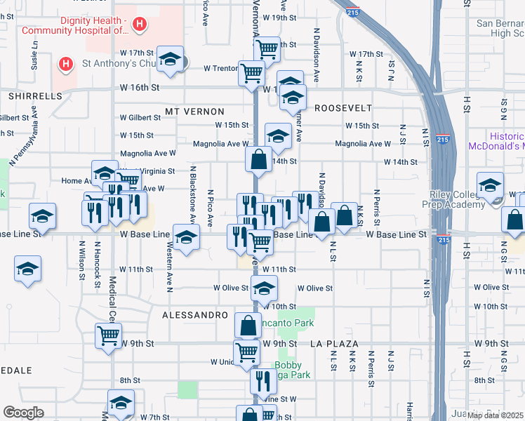 map of restaurants, bars, coffee shops, grocery stores, and more near 1287 Reece Street in San Bernardino