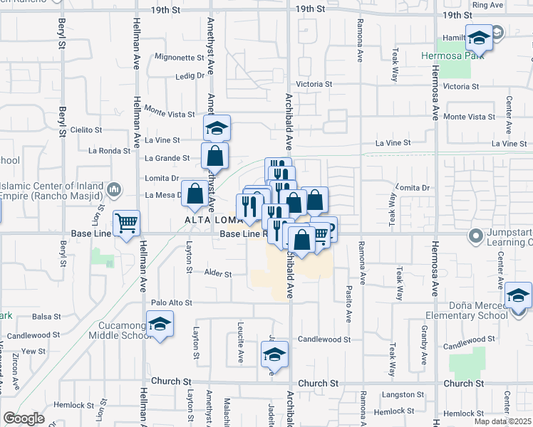 map of restaurants, bars, coffee shops, grocery stores, and more near 9640 Base Line Road in Rancho Cucamonga