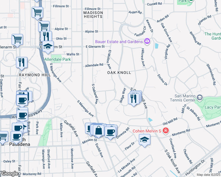 map of restaurants, bars, coffee shops, grocery stores, and more near 610 Woodland Road in Pasadena
