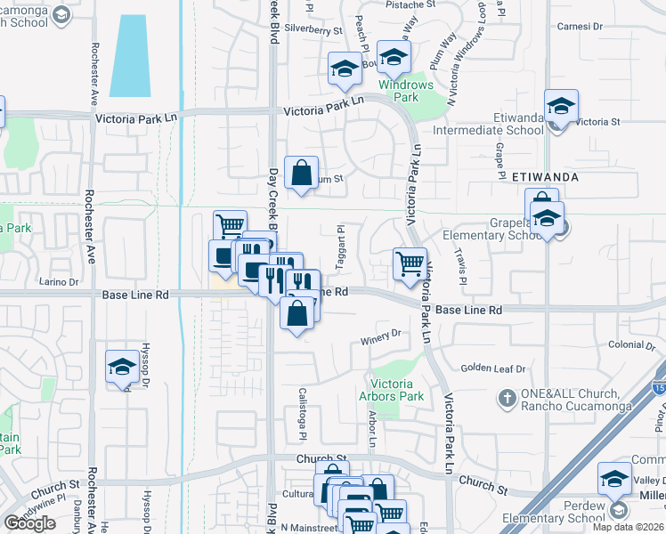 map of restaurants, bars, coffee shops, grocery stores, and more near 7250 Taggart Place in Rancho Cucamonga