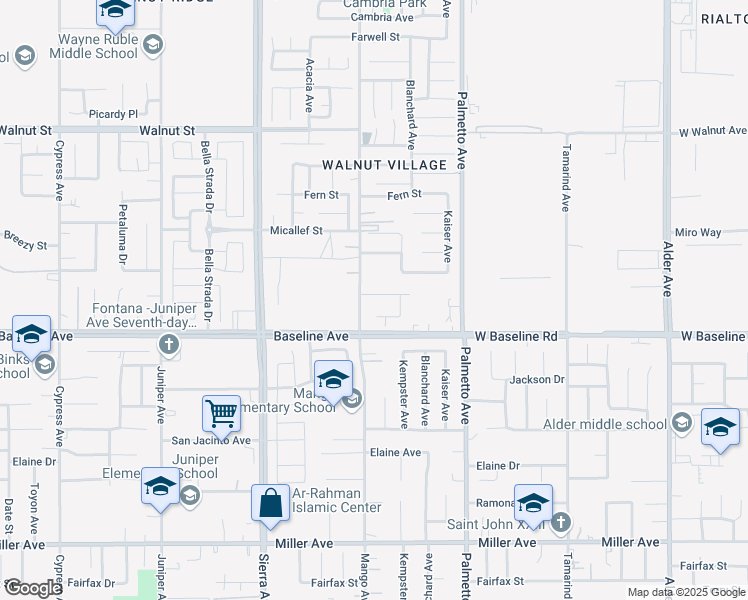 map of restaurants, bars, coffee shops, grocery stores, and more near 17121 Melon Avenue in Fontana