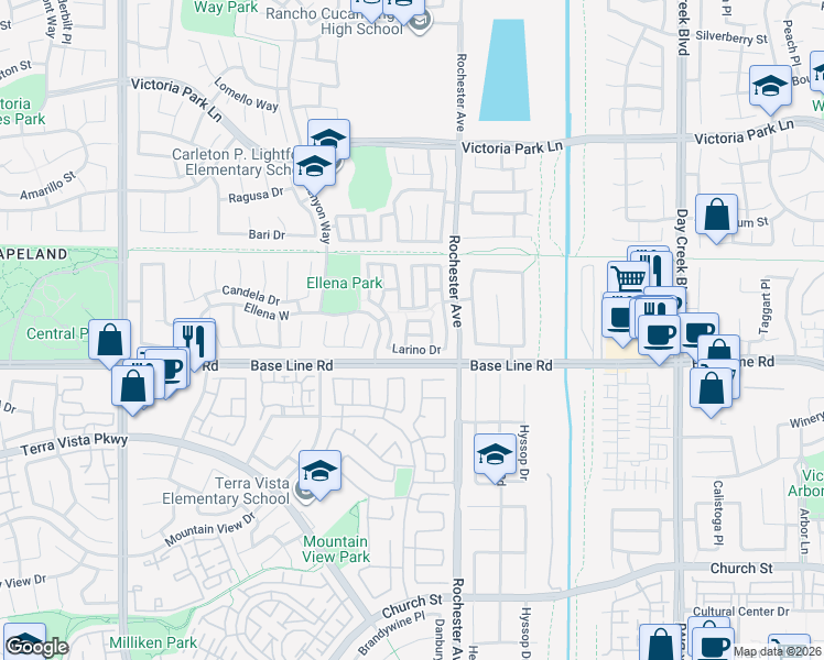 map of restaurants, bars, coffee shops, grocery stores, and more near 11816 Larino Drive in Rancho Cucamonga