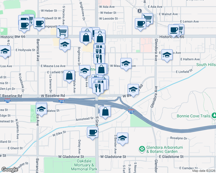 map of restaurants, bars, coffee shops, grocery stores, and more near 942 South Grand Avenue in Glendora