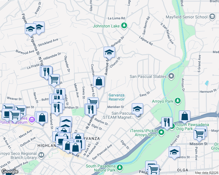 map of restaurants, bars, coffee shops, grocery stores, and more near 6518 Elder Street in Los Angeles