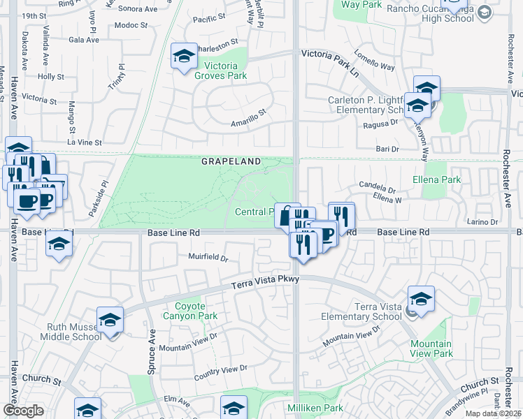 map of restaurants, bars, coffee shops, grocery stores, and more near 11200 Base Line Road in Rancho Cucamonga