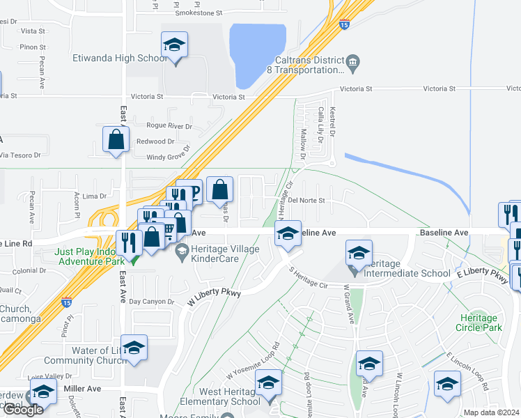 map of restaurants, bars, coffee shops, grocery stores, and more near 7244 Trinity Street in Fontana