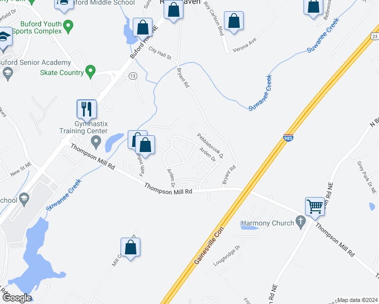 map of restaurants, bars, coffee shops, grocery stores, and more near 4652 Candlewyck Way in Buford
