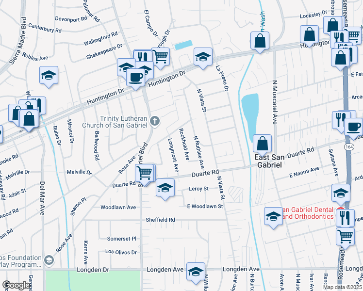 map of restaurants, bars, coffee shops, grocery stores, and more near 6761 Rockhold Avenue in San Gabriel