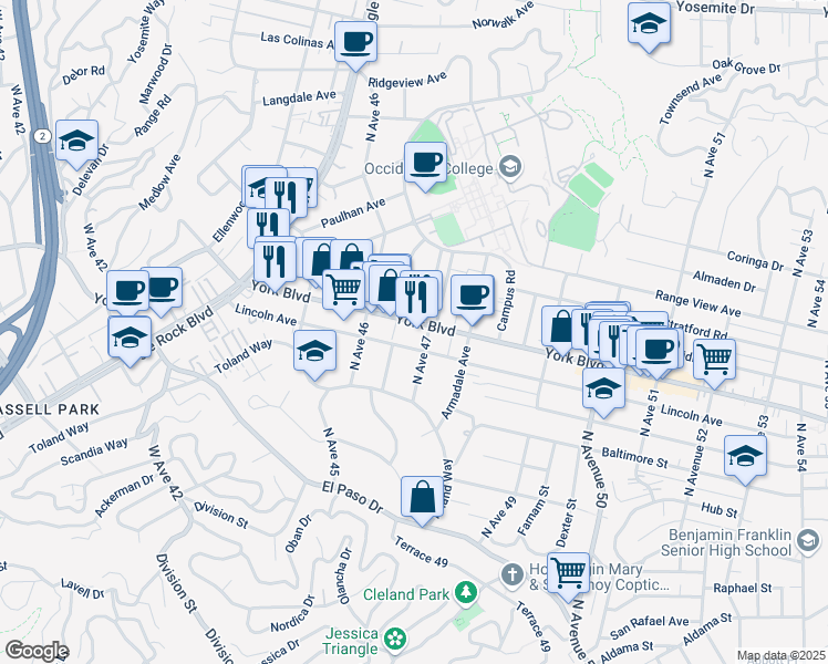 map of restaurants, bars, coffee shops, grocery stores, and more near in Los Angeles
