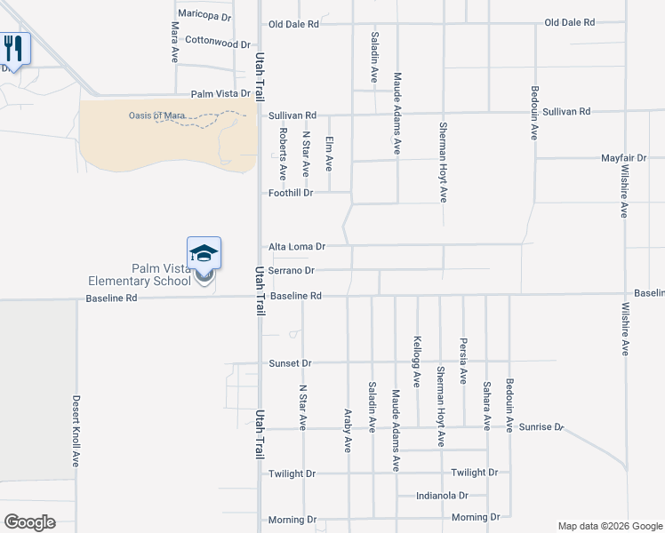 map of restaurants, bars, coffee shops, grocery stores, and more near Serrano Drive in Twentynine Palms