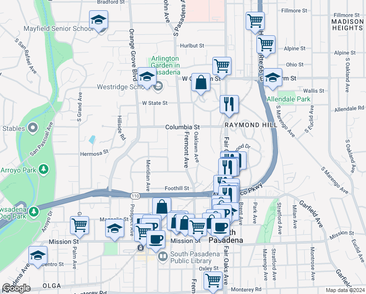 map of restaurants, bars, coffee shops, grocery stores, and more near 311 Fremont Avenue in South Pasadena