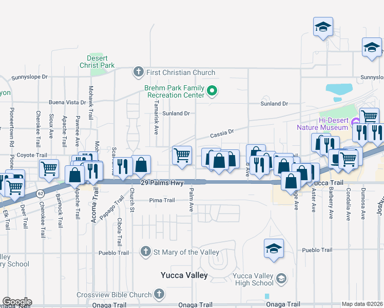 map of restaurants, bars, coffee shops, grocery stores, and more near 56492 Antelope Trail in Yucca Valley