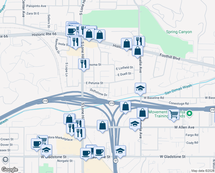 map of restaurants, bars, coffee shops, grocery stores, and more near 937 Sandstone Drive in Glendora