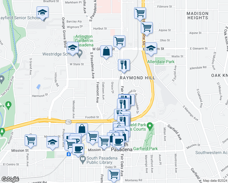 map of restaurants, bars, coffee shops, grocery stores, and more near 270 Grace Drive in South Pasadena