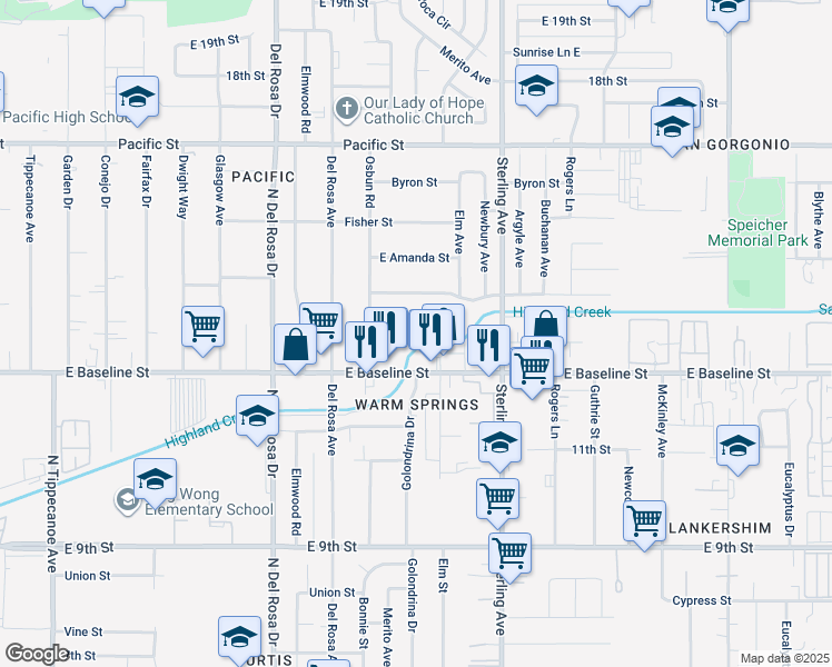 map of restaurants, bars, coffee shops, grocery stores, and more near 25545 Walker Street in San Bernardino