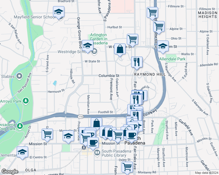map of restaurants, bars, coffee shops, grocery stores, and more near 311 Fremont Avenue in South Pasadena