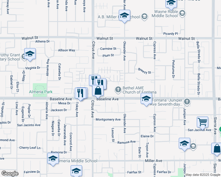 map of restaurants, bars, coffee shops, grocery stores, and more near 16214 Baseline Avenue in Fontana