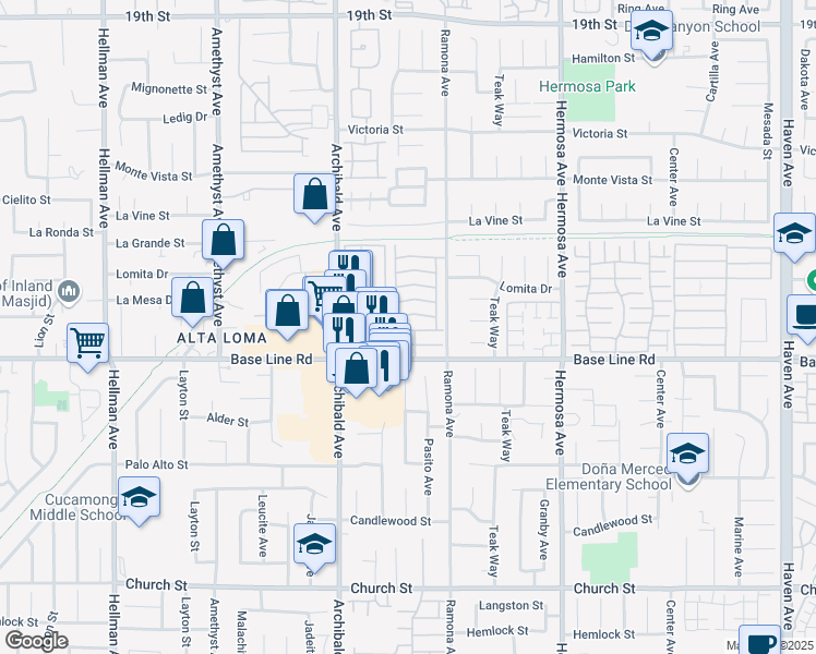 map of restaurants, bars, coffee shops, grocery stores, and more near in Rancho Cucamonga