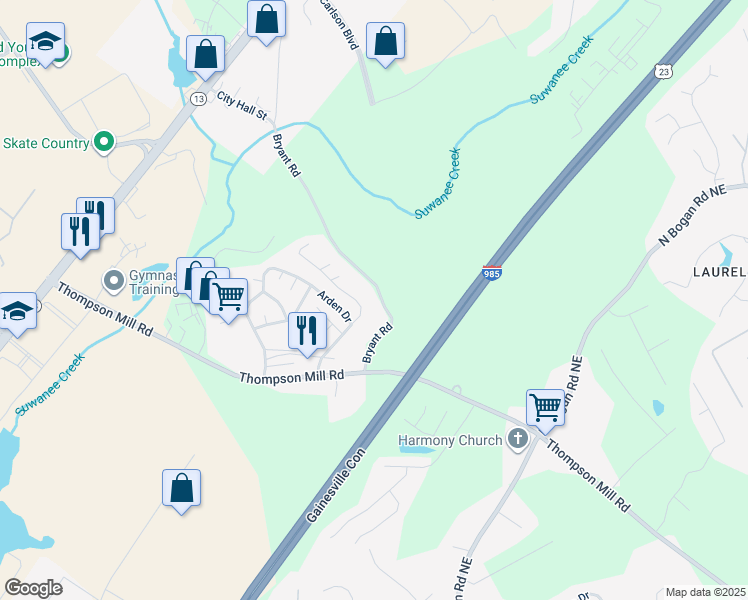 map of restaurants, bars, coffee shops, grocery stores, and more near 4540 Bryant Road in Buford