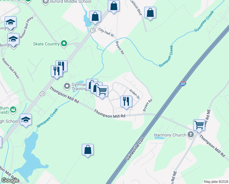 map of restaurants, bars, coffee shops, grocery stores, and more near 4620 Wyck Court in Buford