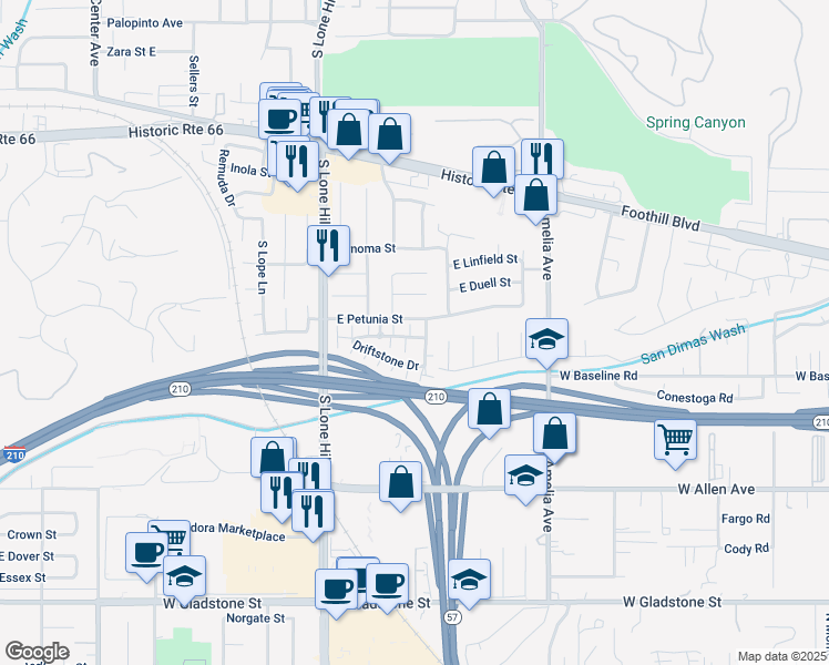 map of restaurants, bars, coffee shops, grocery stores, and more near 937 Sandstone Drive in Glendora