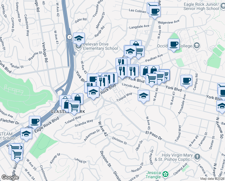map of restaurants, bars, coffee shops, grocery stores, and more near 1553 Verbena Way in Los Angeles
