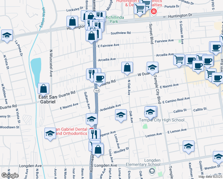 map of restaurants, bars, coffee shops, grocery stores, and more near 9117 Leroy Street in San Gabriel