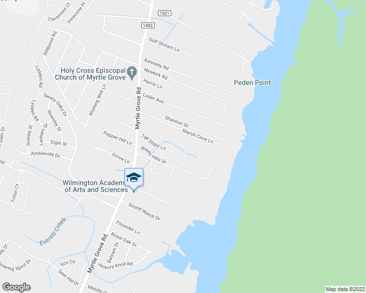 map of restaurants, bars, coffee shops, grocery stores, and more near 1740 Tall Mast Court in Wilmington