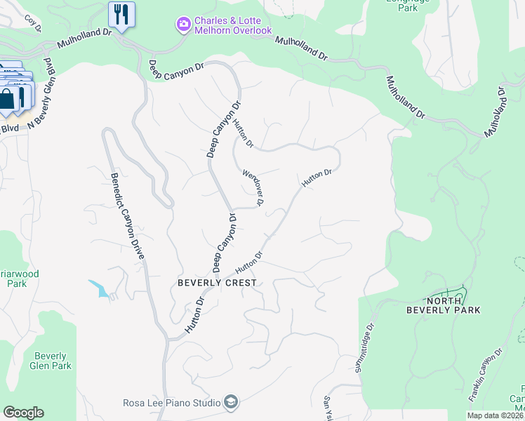 map of restaurants, bars, coffee shops, grocery stores, and more near 9742 Wendover Drive in Beverly Hills