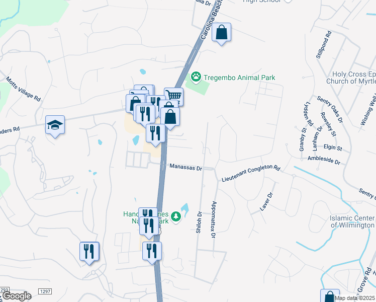 map of restaurants, bars, coffee shops, grocery stores, and more near 124 Christa Drive in Wilmington