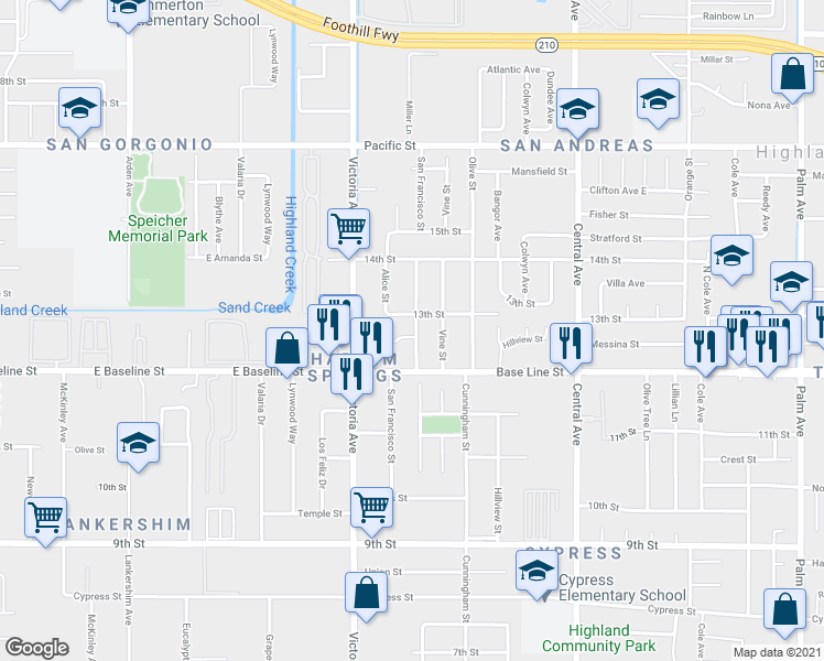 map of restaurants, bars, coffee shops, grocery stores, and more near 7255 San Francisco Street in Highland