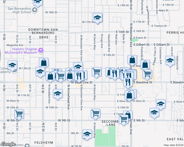 map of restaurants, bars, coffee shops, grocery stores, and more near 1219 North Sierra Way in San Bernardino