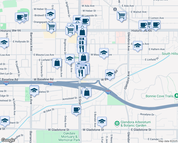 map of restaurants, bars, coffee shops, grocery stores, and more near 942 South Grand Avenue in Glendora