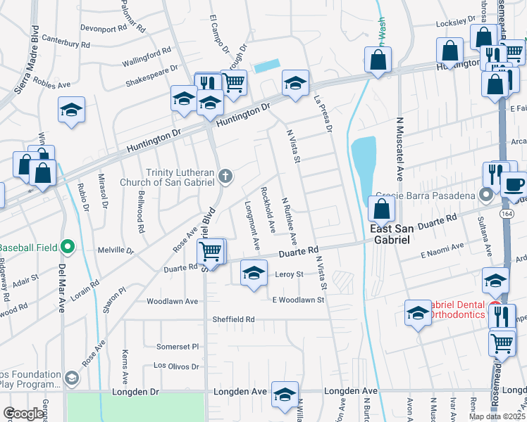map of restaurants, bars, coffee shops, grocery stores, and more near 6761 Rockhold Avenue in San Gabriel